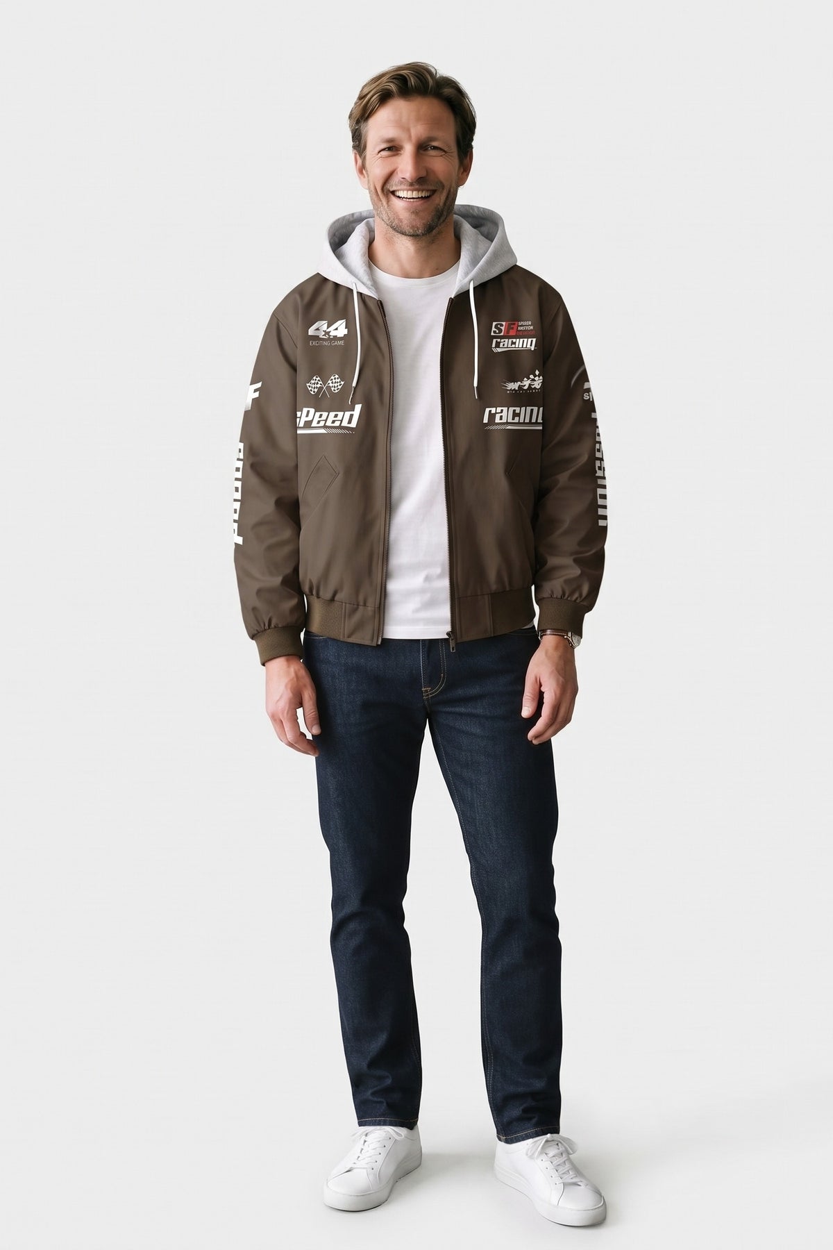Men's Racing Bomber Jacket | Hooded — Coffee Brown — front view — on model