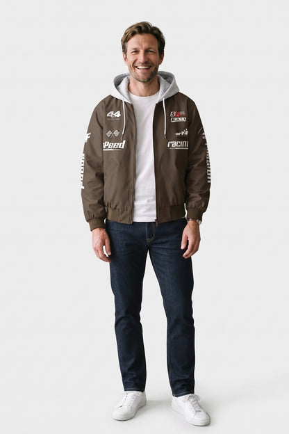 Men's Racing Bomber Jacket | Hooded — Coffee Brown — front view — on model