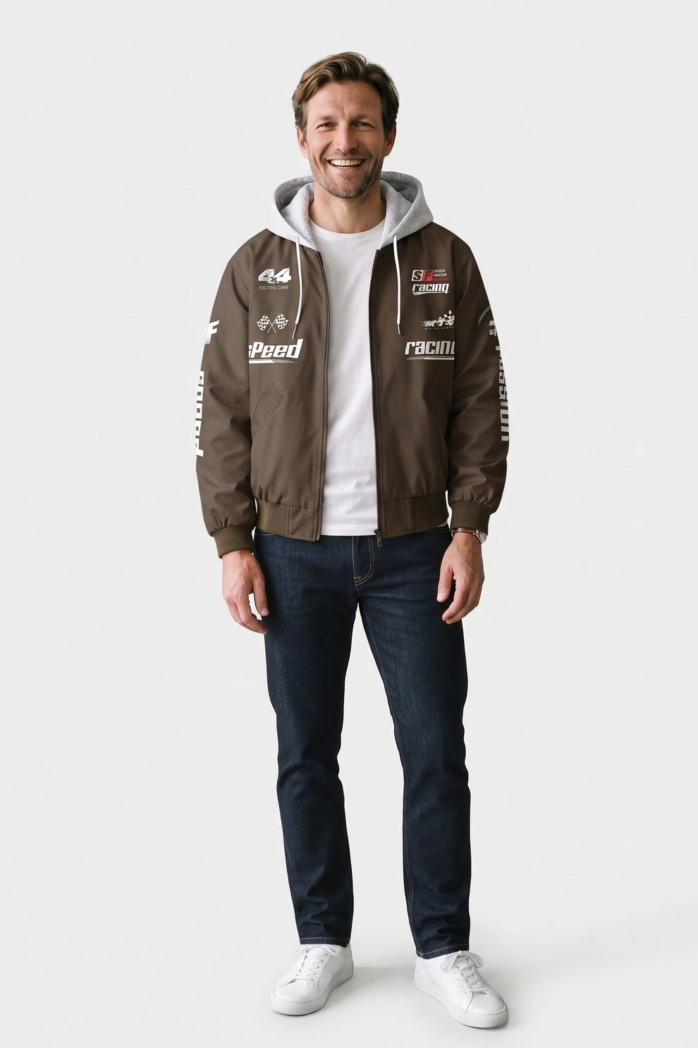 Men's Racing Bomber Jacket | Hooded — Coffee Brown — front view — on model