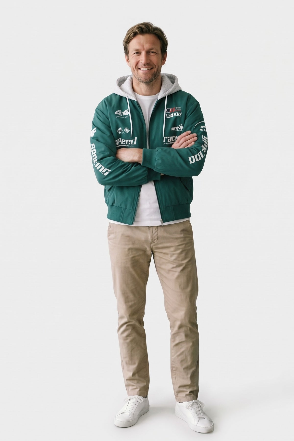 Men's Racing Bomber Jacket | Hooded — Dark Green — front view — on model