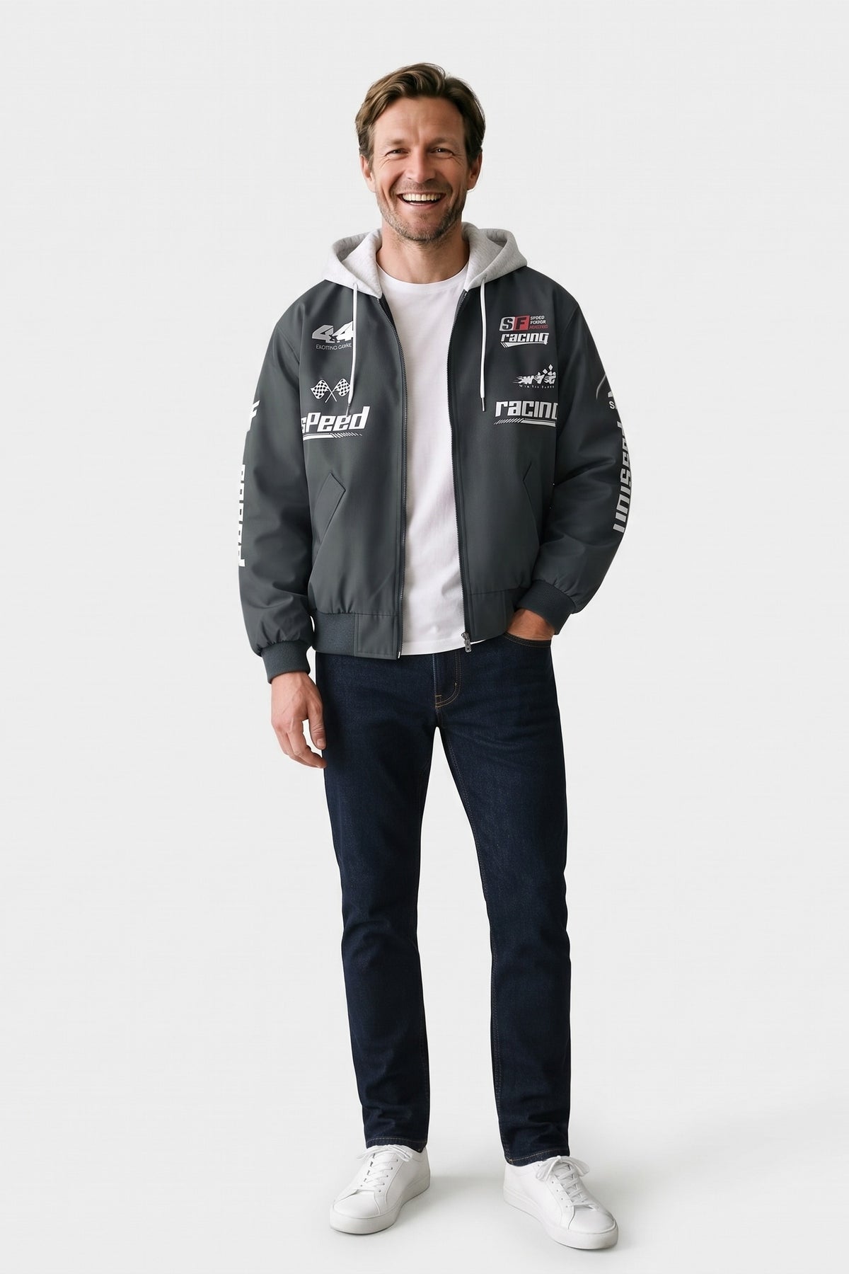 Men's Racing Bomber Jacket | Hooded — Dark Grey — front view — on model