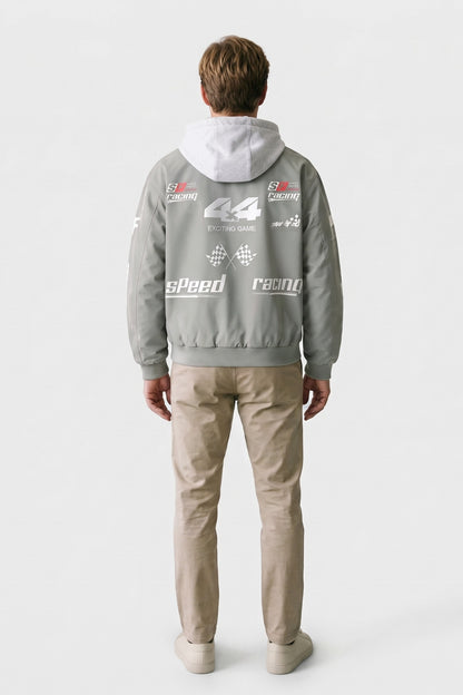 Men's Racing Bomber Jacket | Hooded — Sage — back view — on model