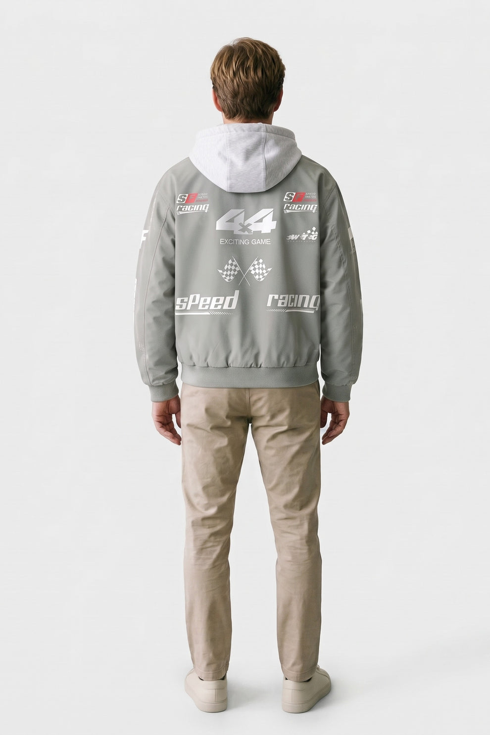 Men's Racing Bomber Jacket | Hooded — Sage — back view — on model