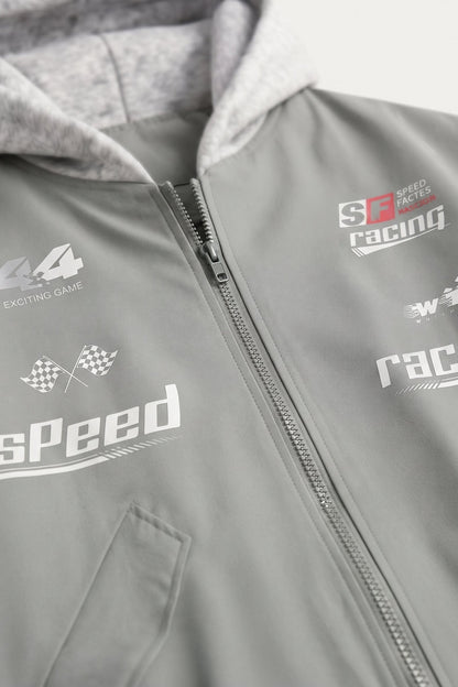 Men's Racing Bomber Jacket | Hooded — Sage — detail — on model
