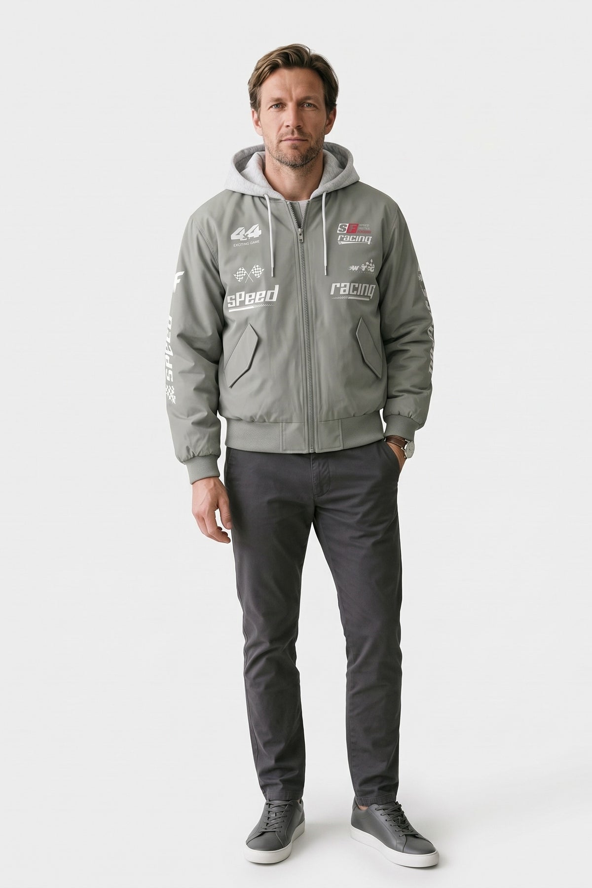 Men's Racing Bomber Jacket | Hooded — Sage — front view — on model