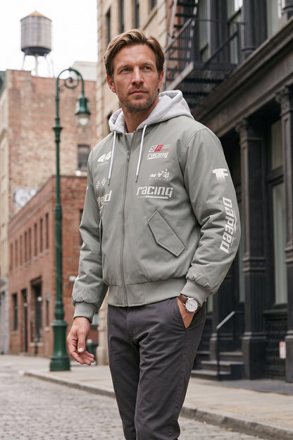 Men's Racing Bomber Jacket | Hooded — Sage — lifestyle — on model