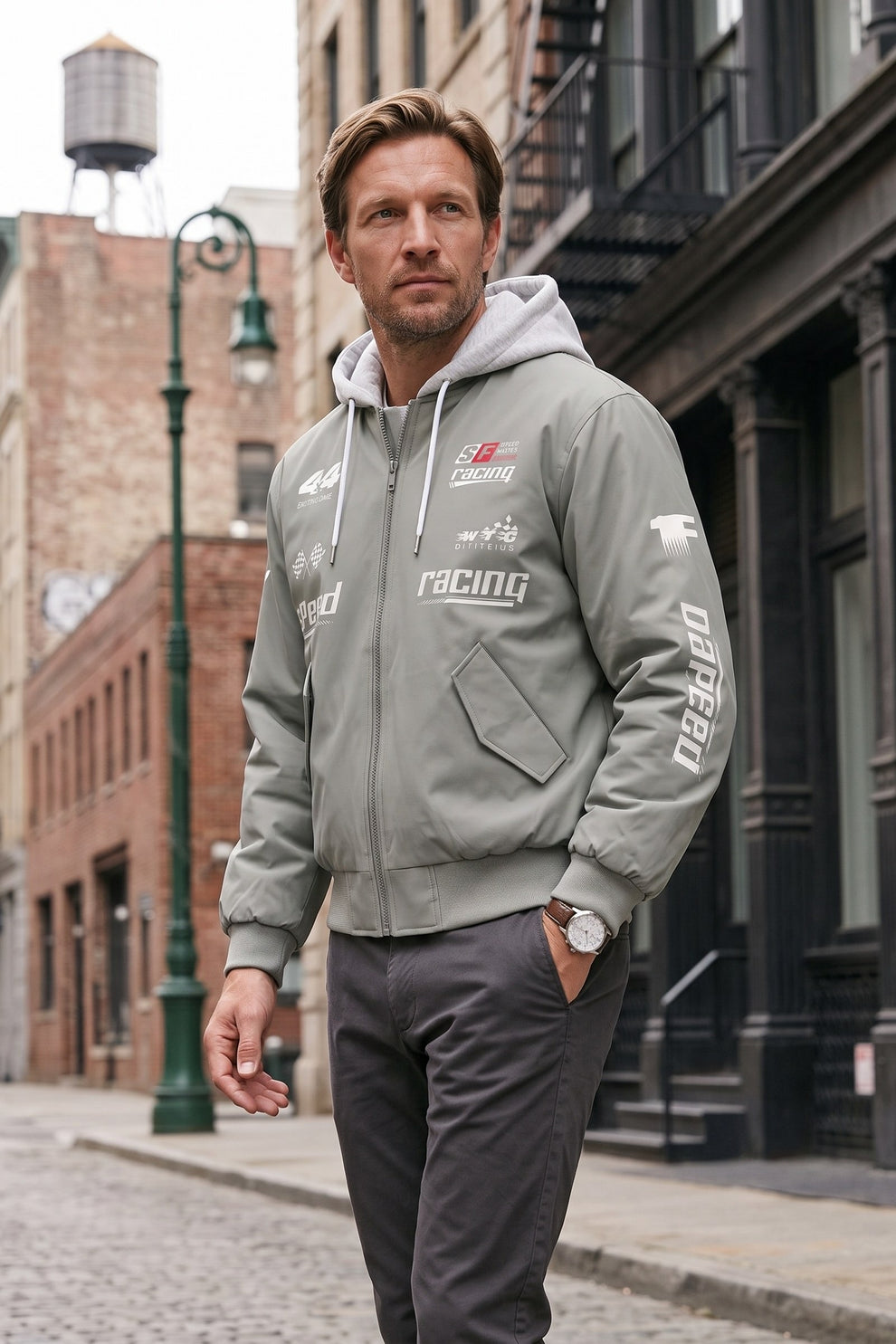 Men's Racing Bomber Jacket | Hooded — Sage — lifestyle — on model