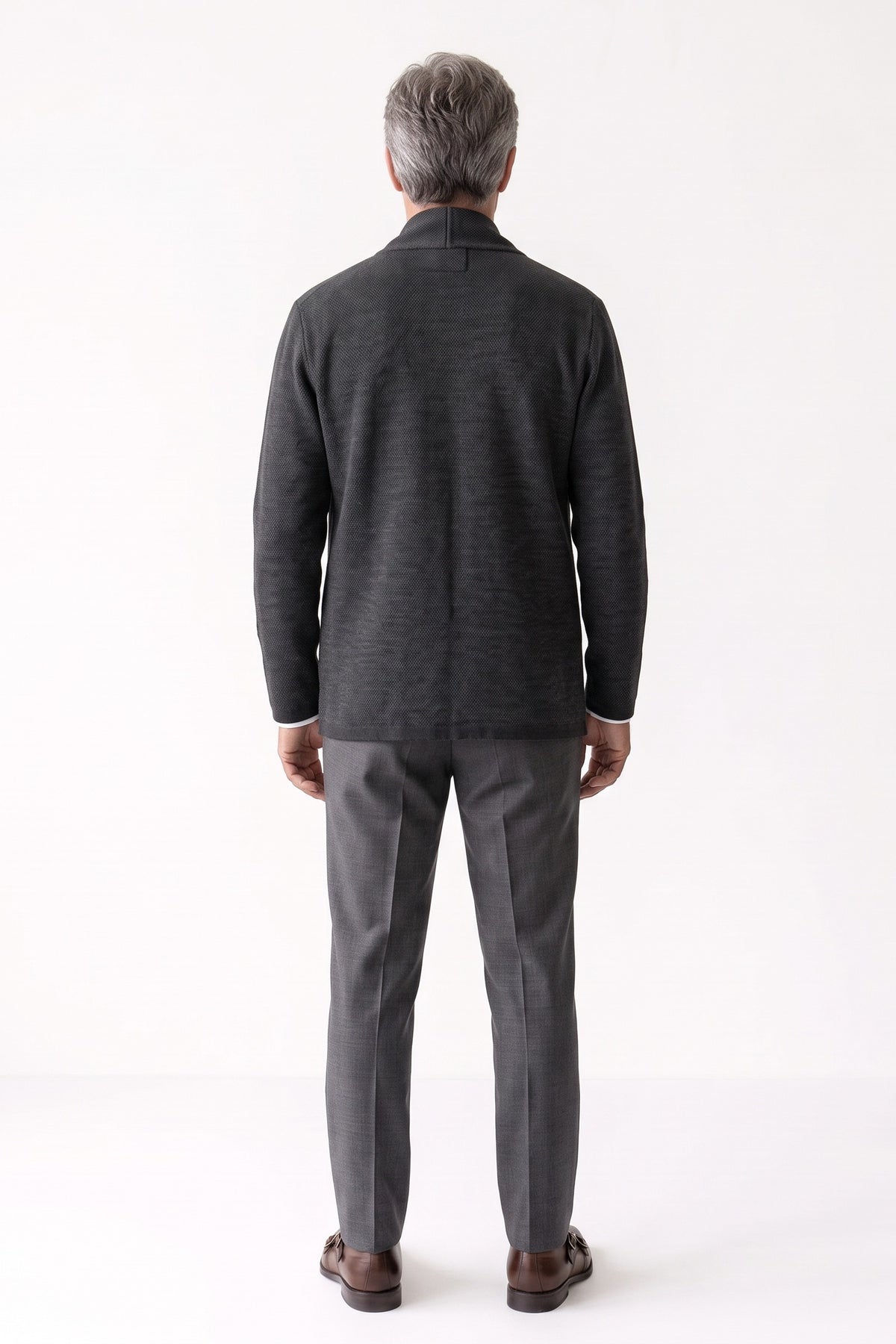 Men's Shawl-Collar Cardigan | Two-Button — Black — back view — on model