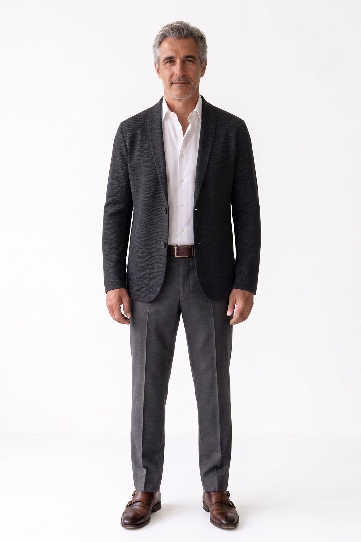 Men's Shawl-Collar Cardigan | Two-Button — Black — front view — on model