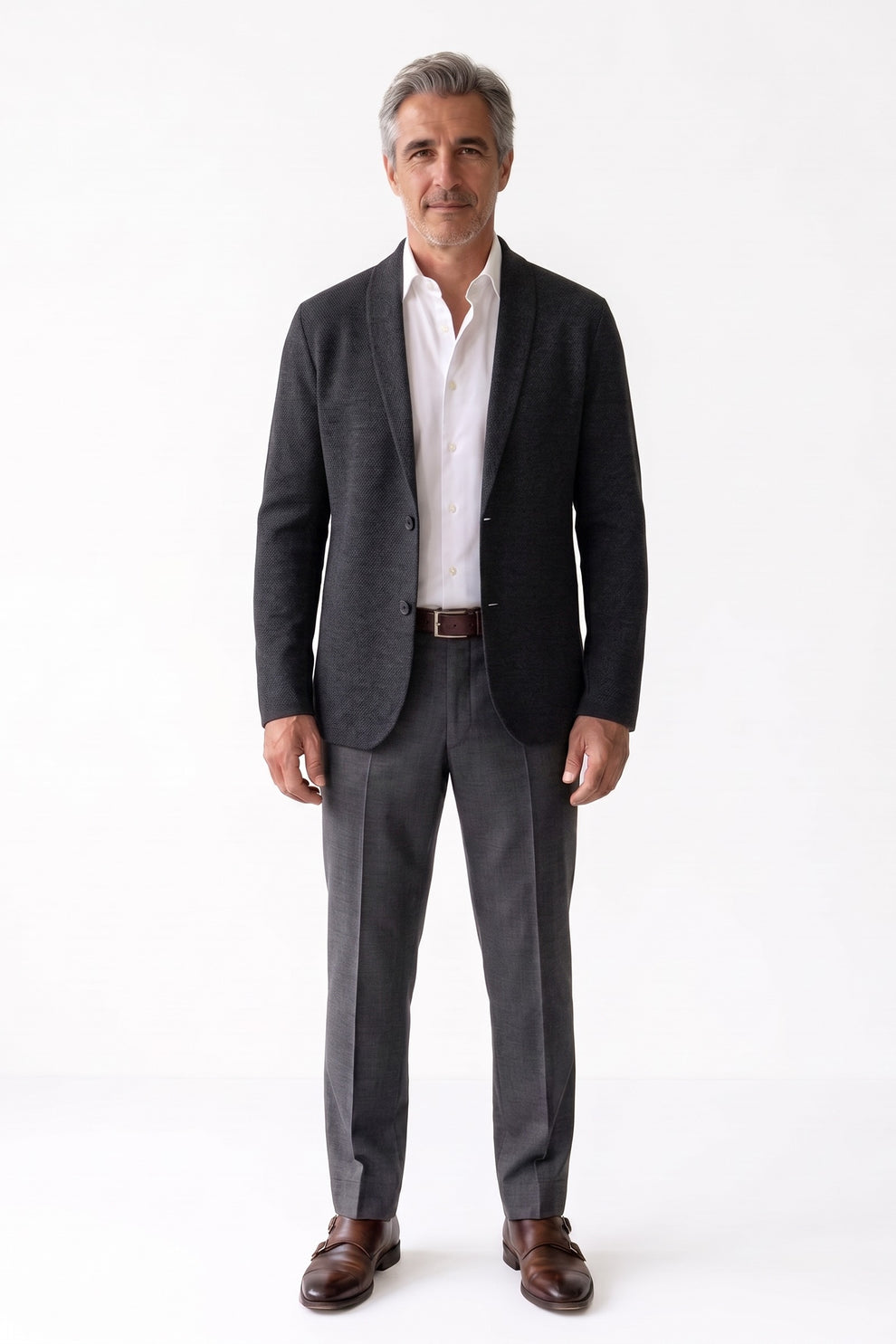 Men's Shawl-Collar Cardigan | Two-Button — Black — front view — on model