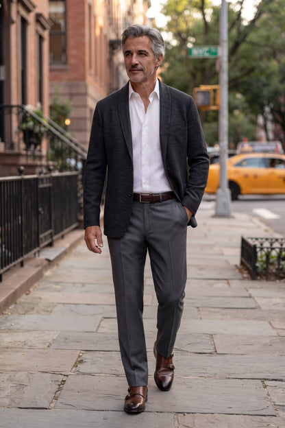 Men's Shawl-Collar Cardigan | Two-Button — Black — lifestyle — on model