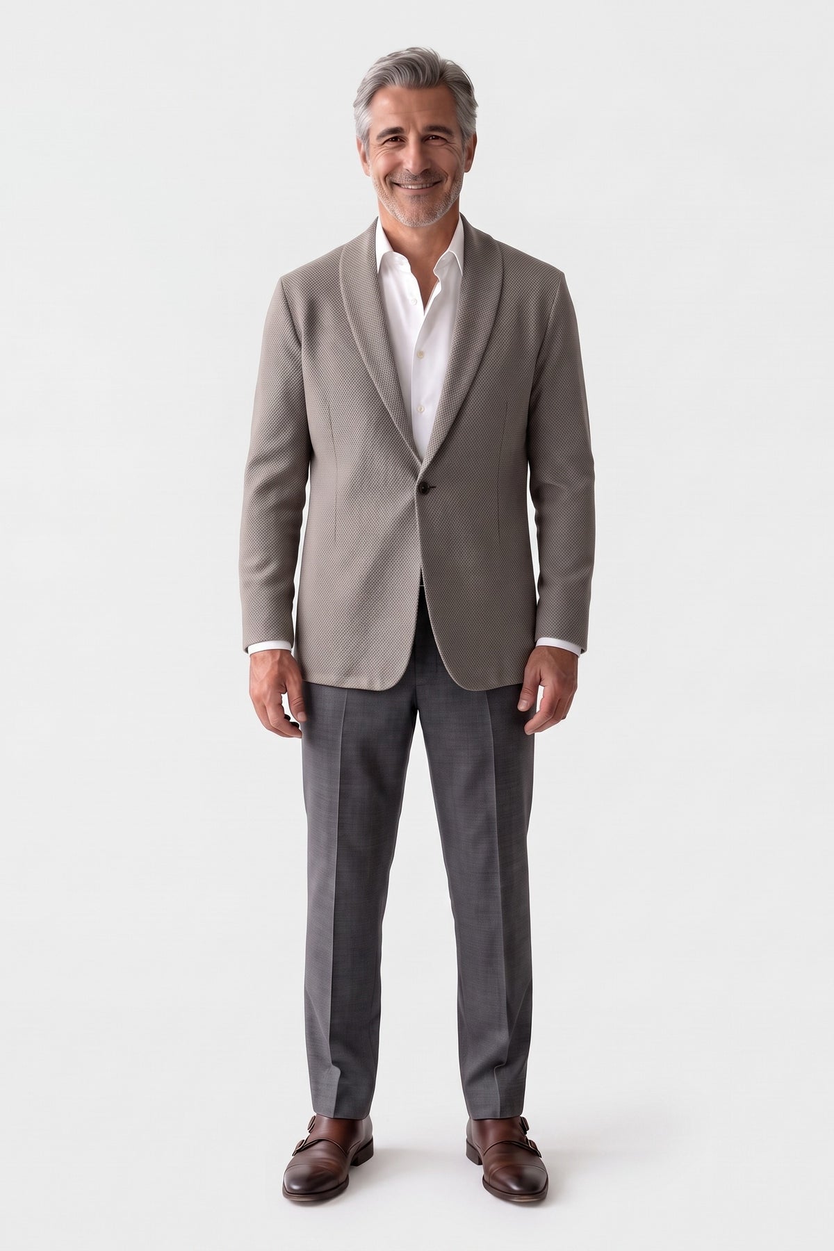 Men's Shawl-Collar Cardigan | Two-Button — Grey — front view — on model