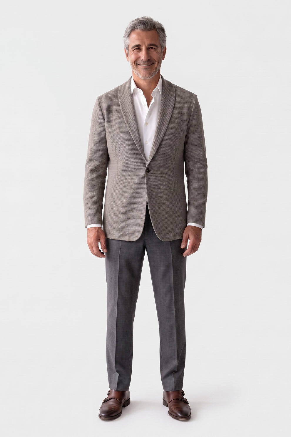 Men's Shawl-Collar Cardigan | Two-Button — Grey — front view — on model