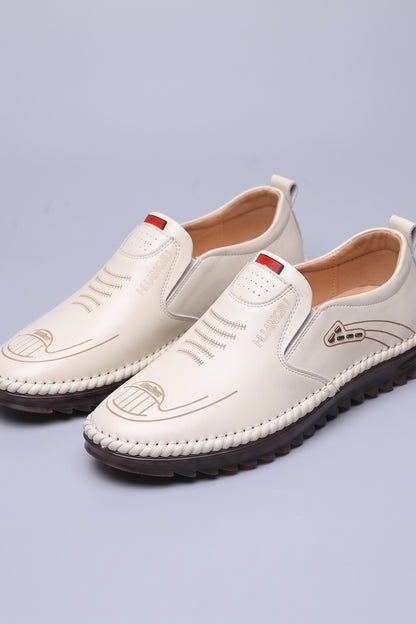 Men's Slip-On Loafers | Moc-Toe Stitching — White — shoe_main — on model
