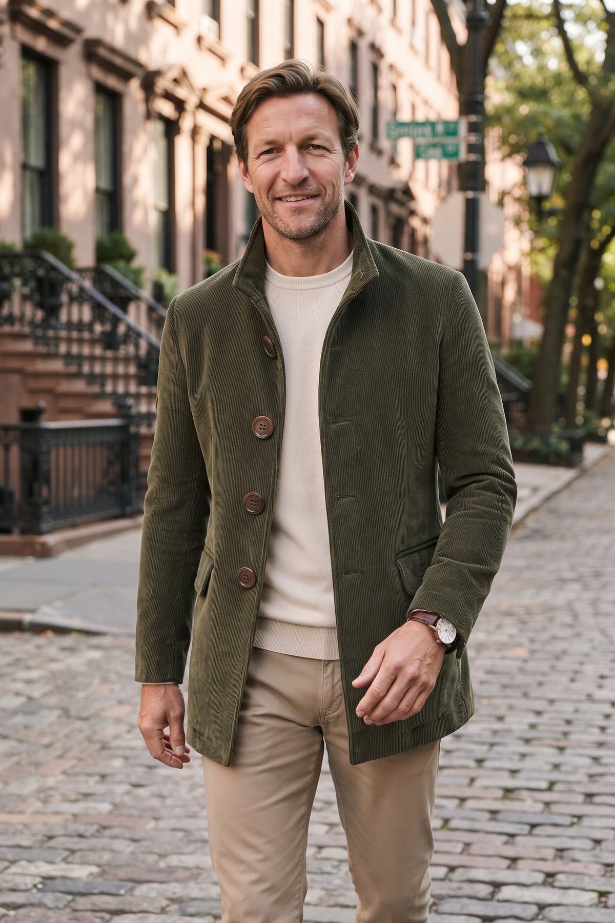 Men's Stand Collar Jacket | Button Front — Military Green — lifestyle — on model