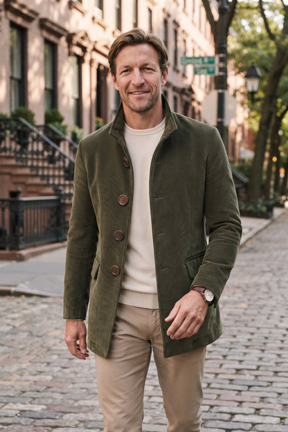 Men's Stand Collar Jacket | Button Front — Military Green — lifestyle — on model