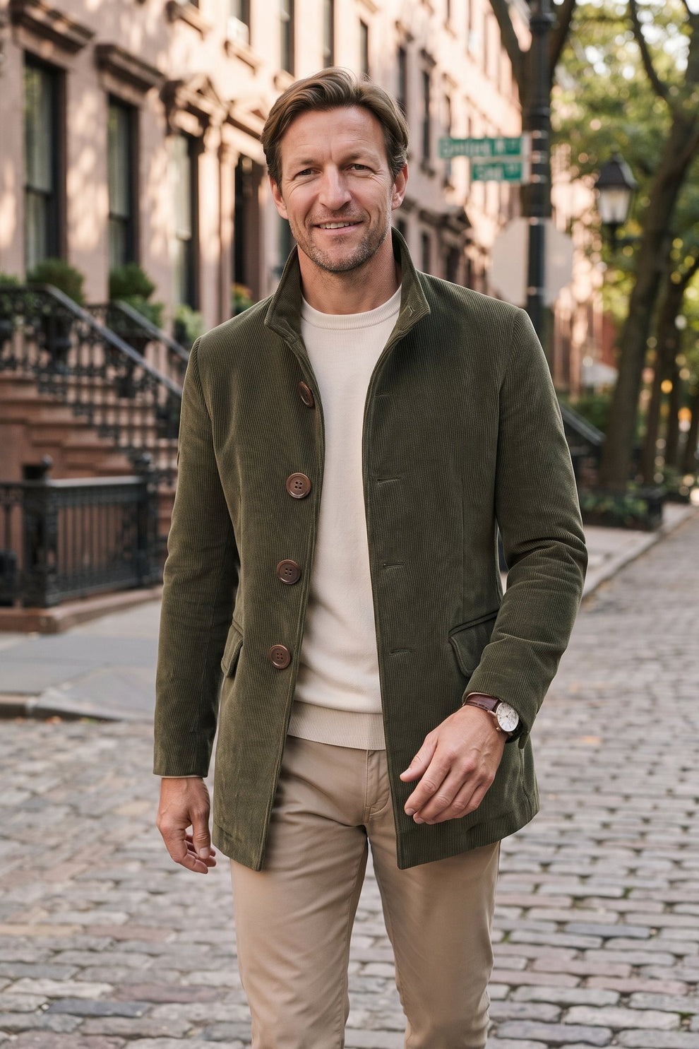 Men's Stand Collar Jacket | Button Front — Military Green — lifestyle — on model