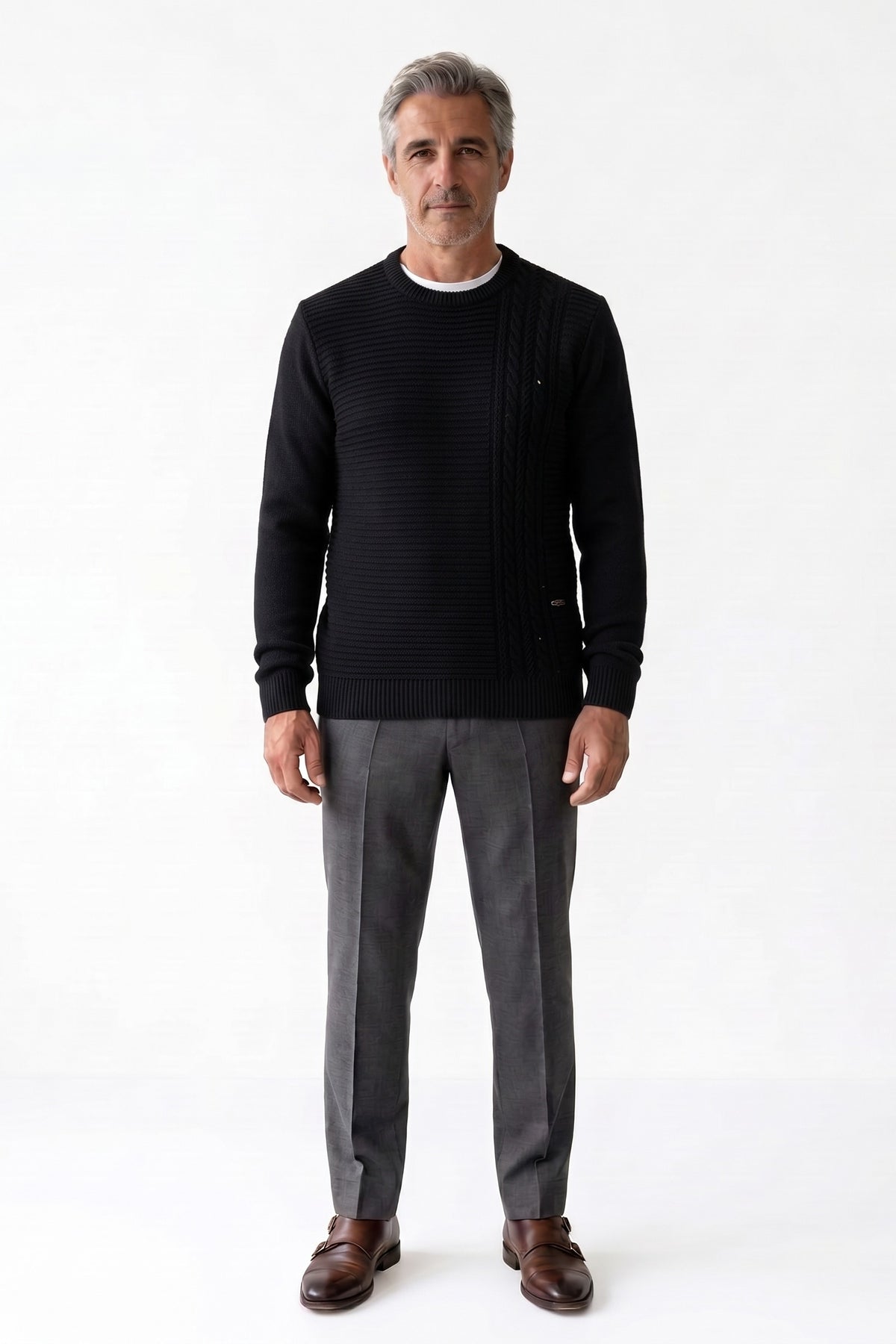 Men's Striped Crew Sweater | Ribbed Hem — Black — front view — on model