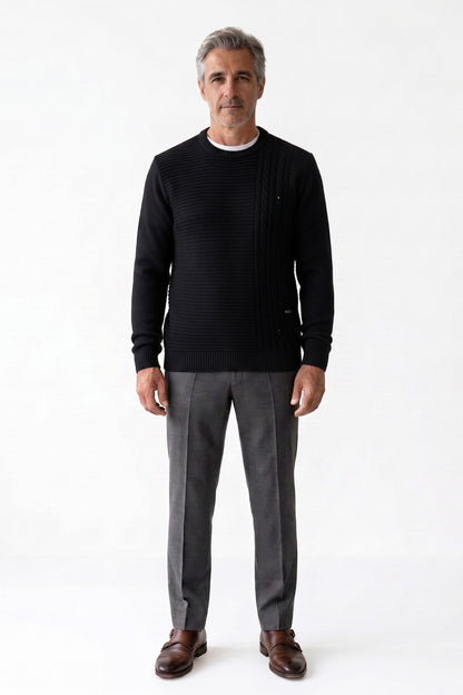 Men's Striped Crew Sweater | Ribbed Hem — Black — front view — on model