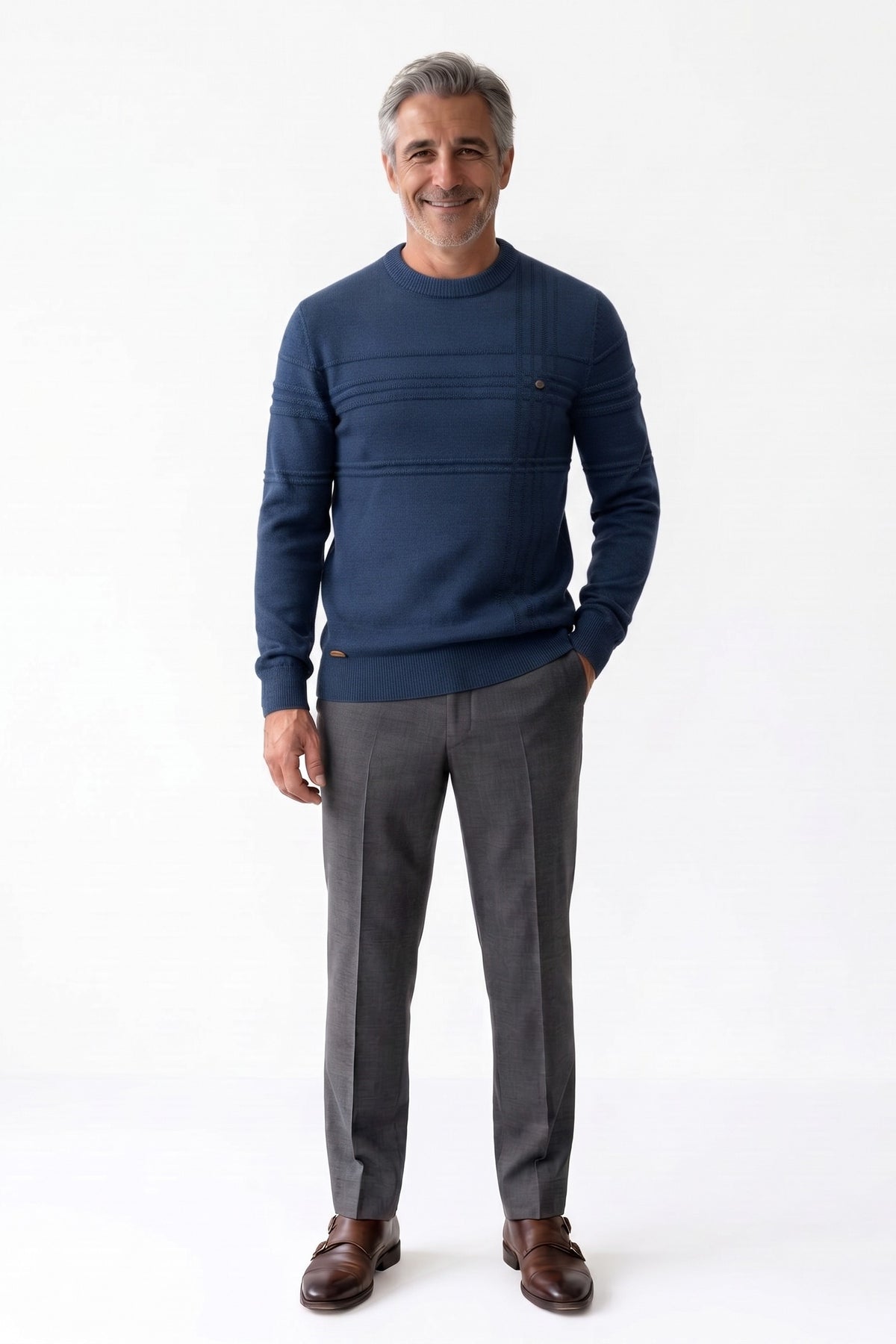 Men's Striped Crew Sweater | Ribbed Hem — Blue — front view — on model