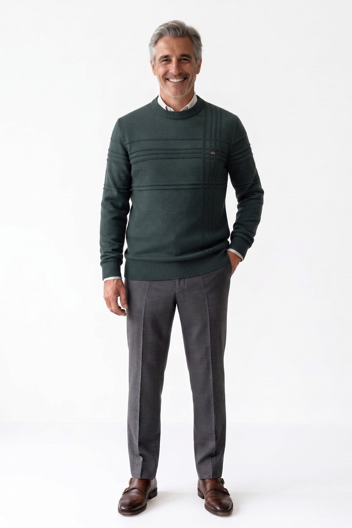 Men's Striped Crew Sweater | Ribbed Hem — Green — front view — on model