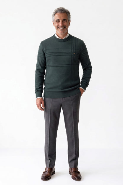 Men's Striped Crew Sweater | Ribbed Hem — Green — front view — on model