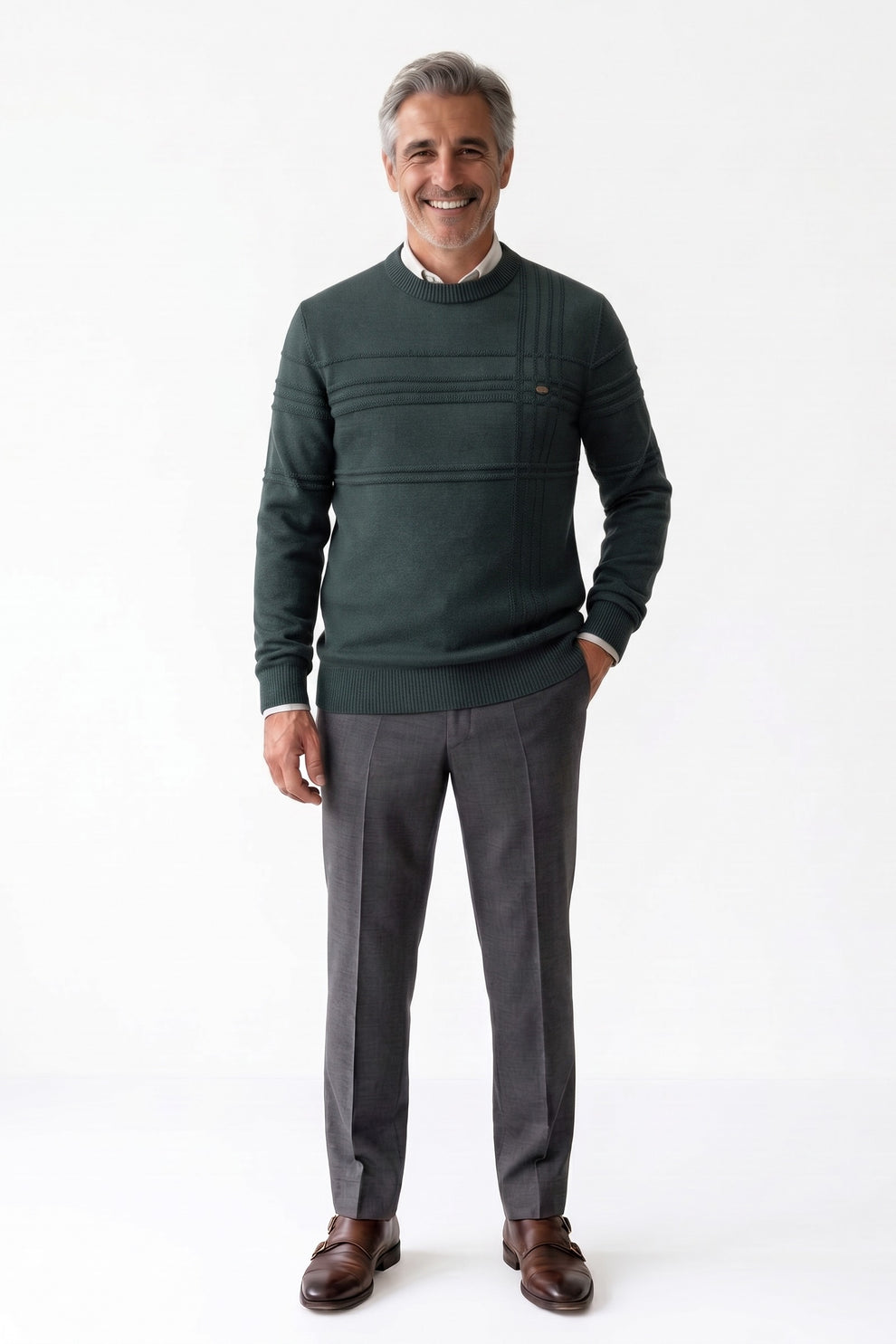 Men's Striped Crew Sweater | Ribbed Hem — Green — front view — on model