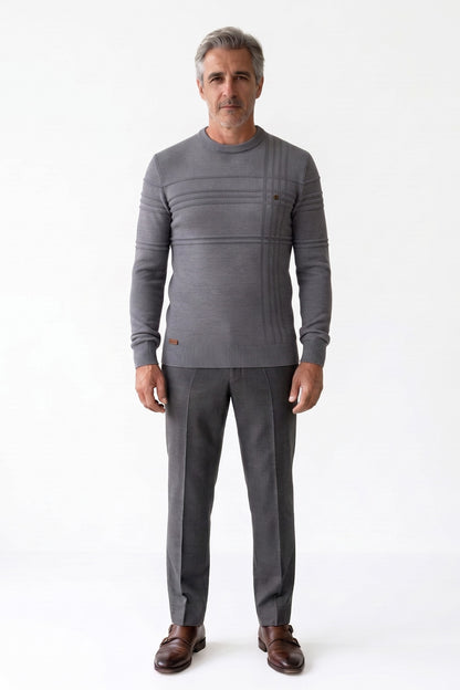 Men's Striped Crew Sweater | Ribbed Hem — Grey — front view — on model