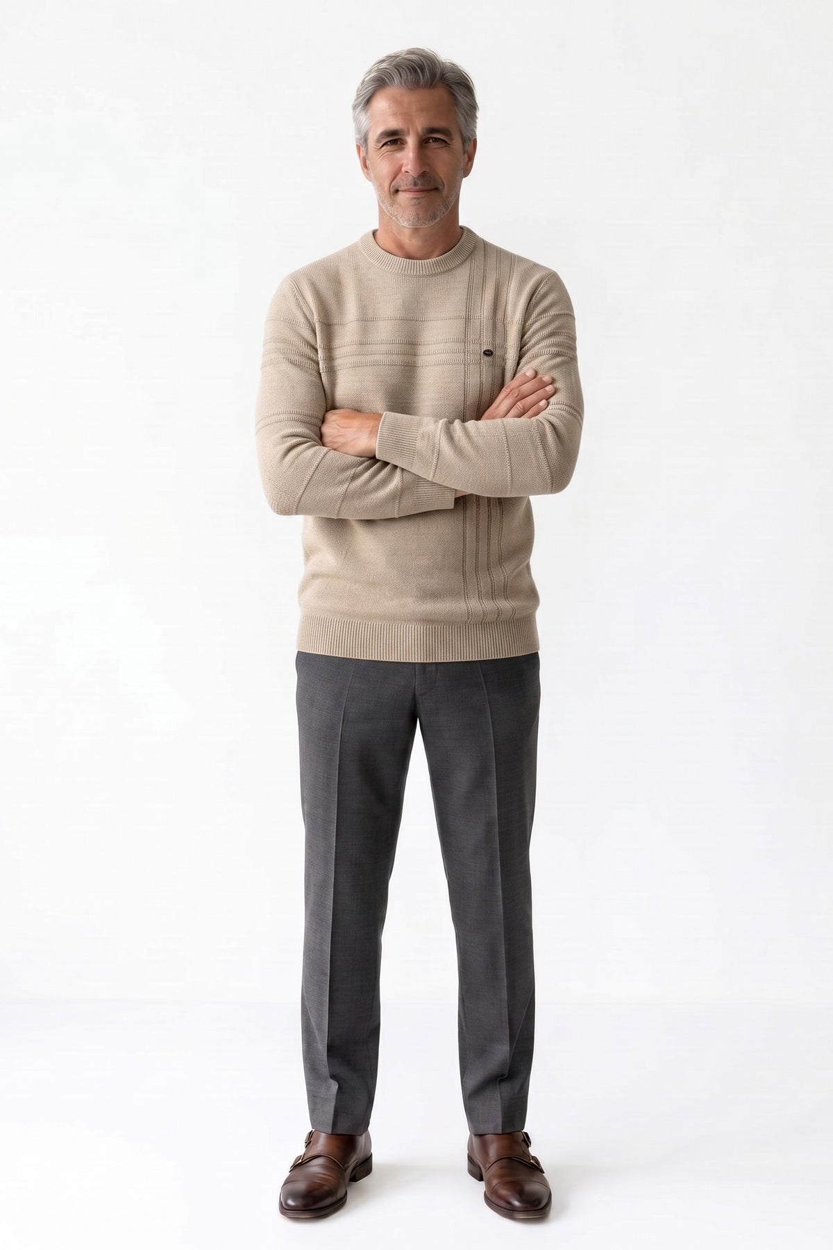Men's Striped Crew Sweater | Ribbed Hem — Khaki — front view — on model