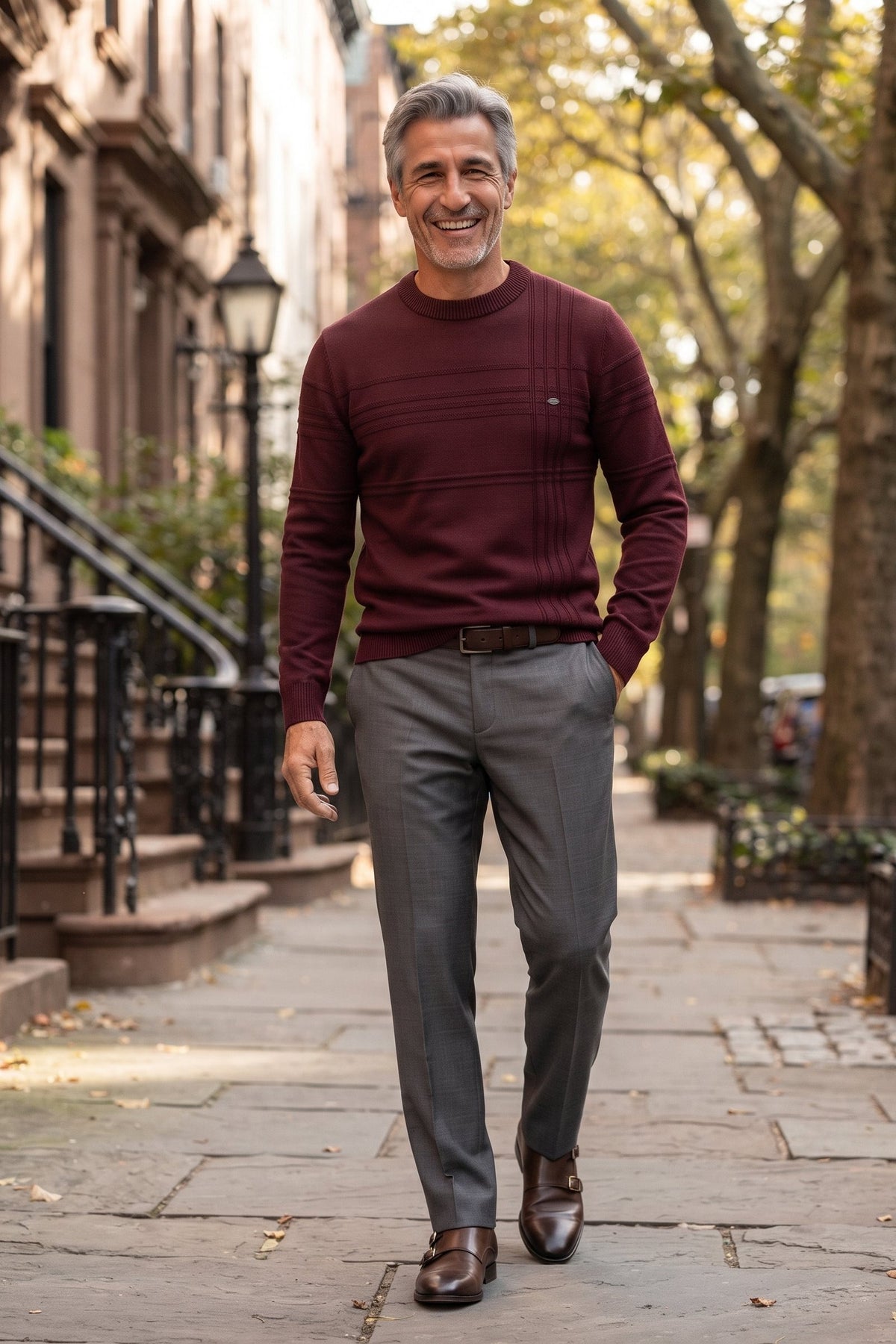 Men's Striped Crew Sweater | Ribbed Hem — Red — lifestyle — on model