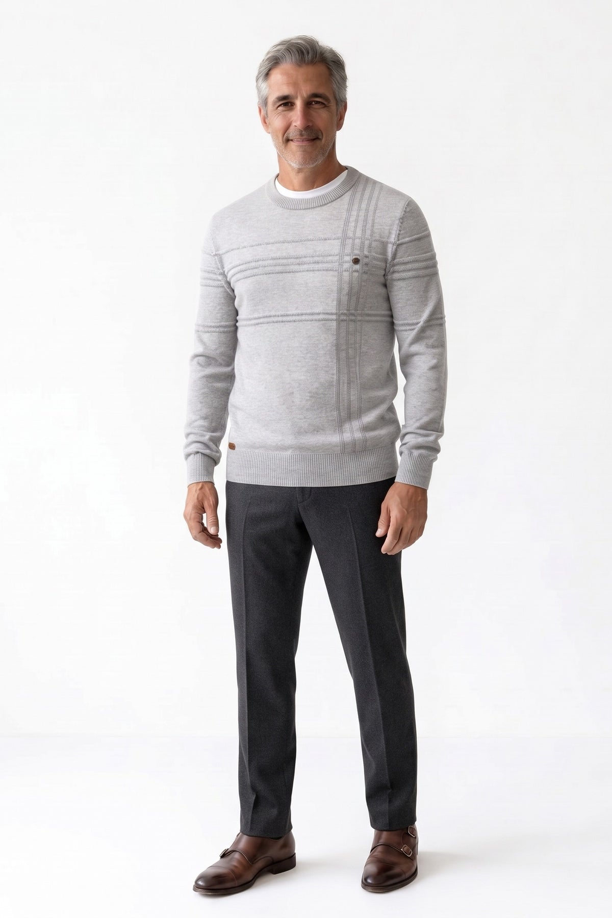 Men's Striped Crew Sweater | Ribbed Hem — White — front view — on model