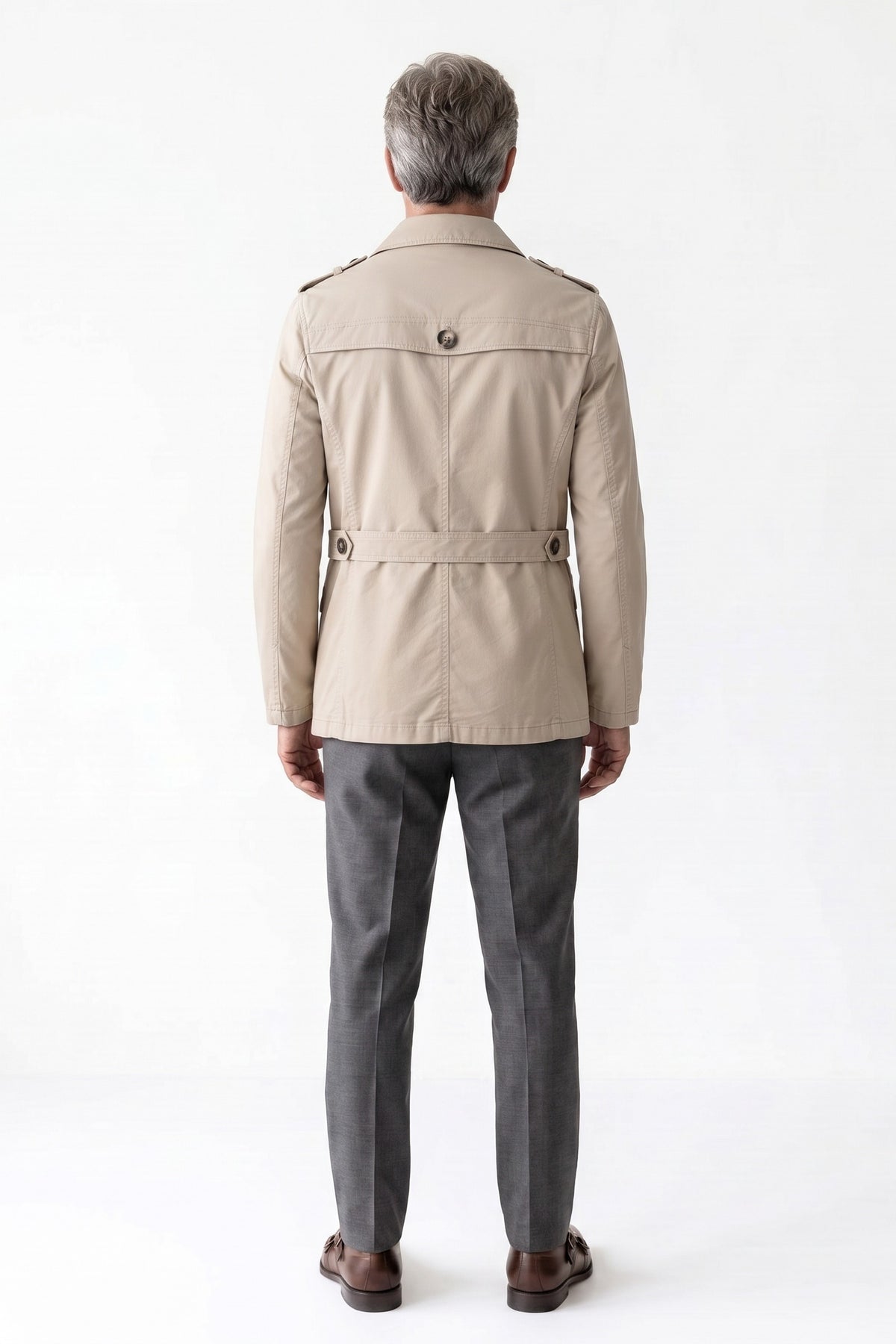 Men's Trench Jacket | Notched Lapel — Beige — back view — on model