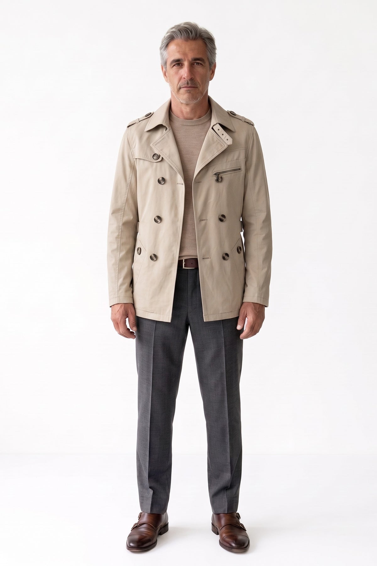 Men's Trench Jacket | Notched Lapel — Beige — front view — on model