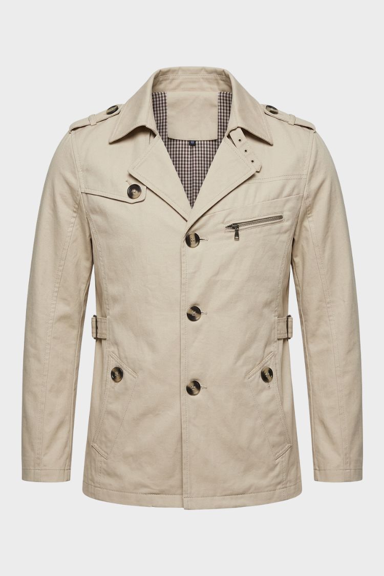 Men's beige short trench coat with notched lapel and epaulettes