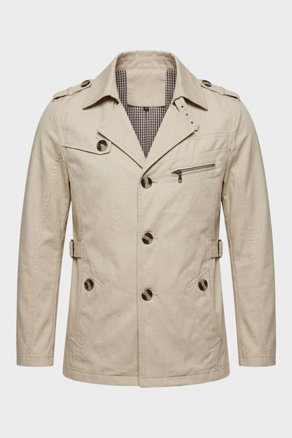 Men's beige short trench coat with notched lapel and epaulettes