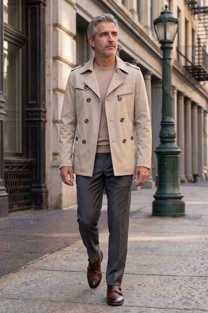 Men's Trench Jacket | Notched Lapel — Beige — lifestyle — on model