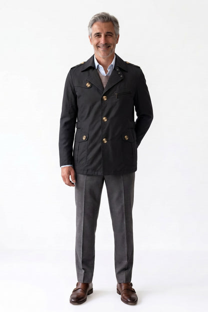 Men's Trench Jacket | Notched Lapel — Black — front view — on model