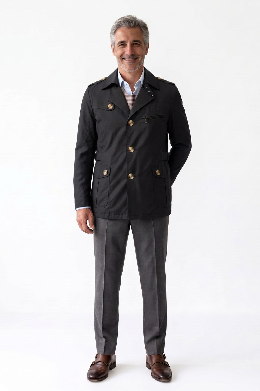 Men's Trench Jacket | Notched Lapel — Black — front view — on model
