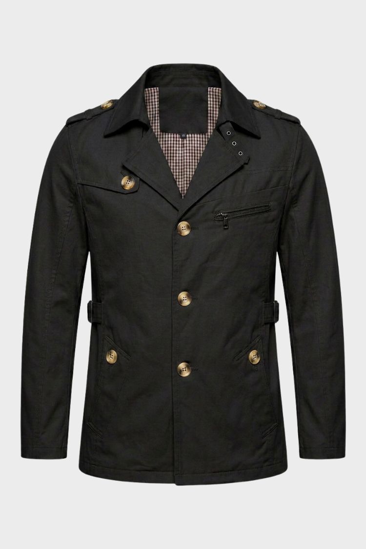 Men's black short trench coat with notched lapel