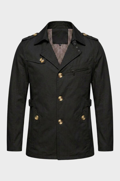 Men's black short trench coat with notched lapel