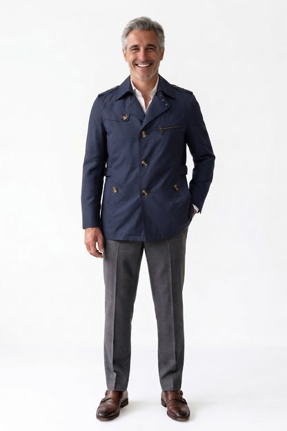 Men's Trench Jacket | Notched Lapel — Blue — front view — on model