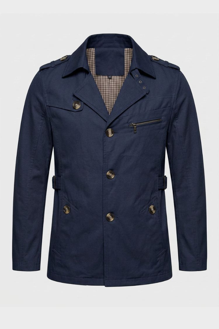 Men's blue short trench coat with notched lapel