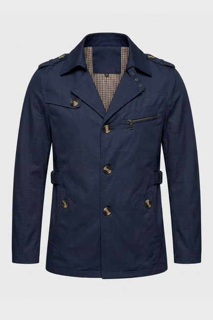 Men's blue short trench coat with notched lapel