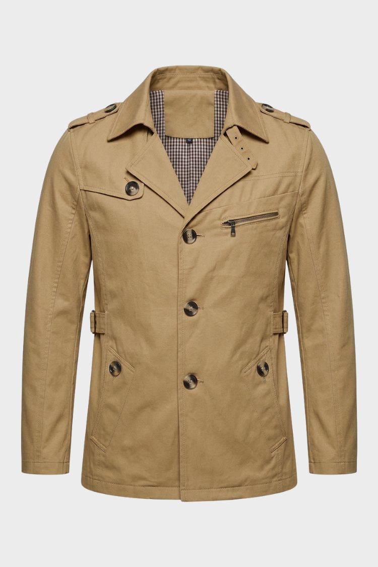 Men's brown trench jacket with epaulettes and flap pockets