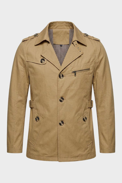 Men's brown trench jacket with epaulettes and flap pockets