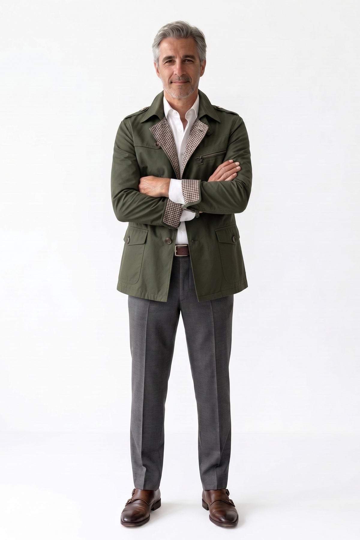 Men's Trench Jacket | Notched Lapel — Green — front view — on model