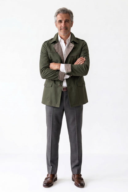 Men's Trench Jacket | Notched Lapel — Green — front view — on model