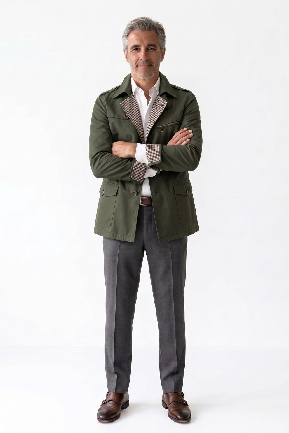 Men's Trench Jacket | Notched Lapel — Green — front view — on model