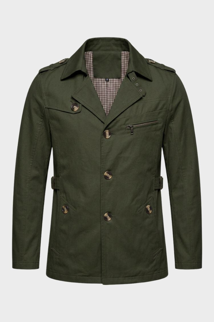 Men's green trench jacket with flap pockets and half-belt