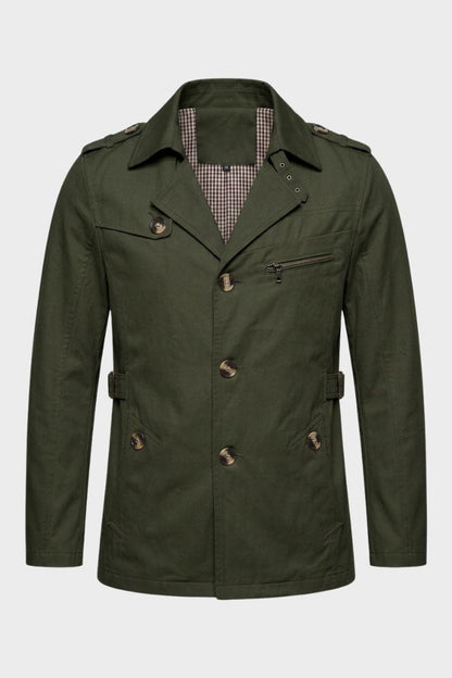 Men's green trench jacket with flap pockets and half-belt